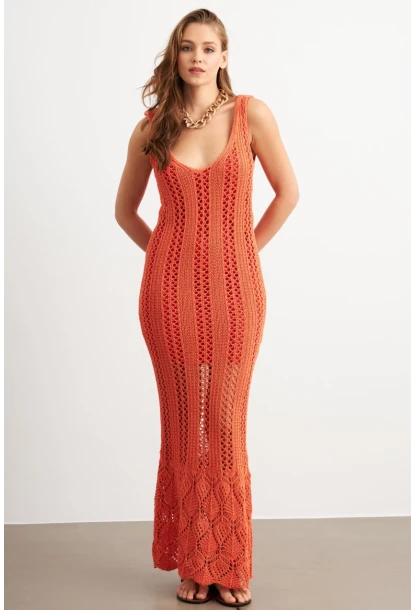 Kadın Turuncu Astarlı Ajurlu Maxi Elbise MBE15001