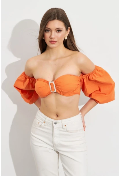 Kadın Turuncu Balon Kol Crop Bluz ROP111