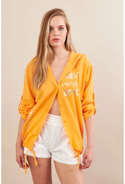Kadın Turuncu Baskılı Kapüşonlu Gömlek MPC308