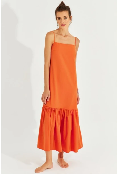 Kadın Turuncu Eteği Volanlı Askılı Midi Elbise MEN2001