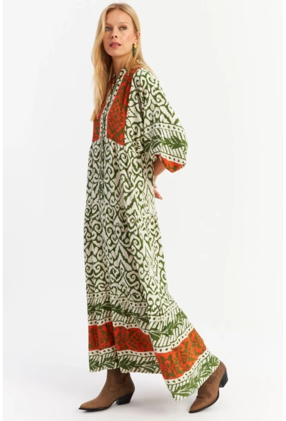 Kadın Turuncu-Haki Volanlı Maxi Elbise MALO11