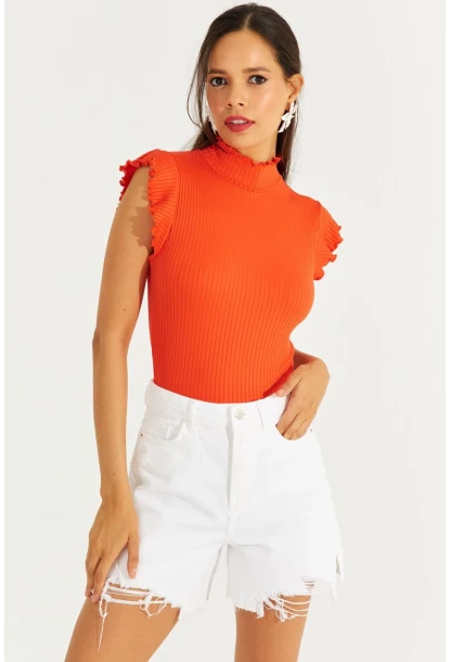 Kadın Turuncu Kolları Fırfırlı Fitilli Bluz TH1092