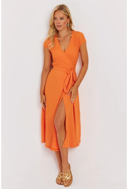 Kadın Turuncu Kruvaze Midi Elbise EY2781