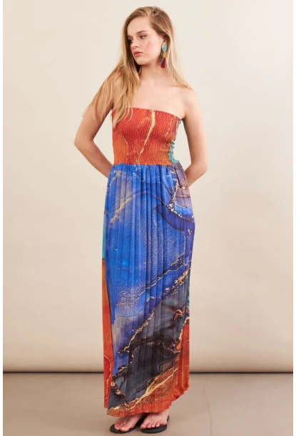 Kadın Turuncu-Mavi Straplez Pilise Uzun Elbise MSİ100