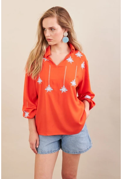 Kadın Turuncu Nakışlı Bluz MPC1345