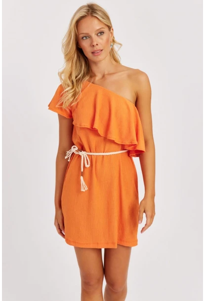 Kadın Turuncu Tek Omuz Mini Elbise EY2778