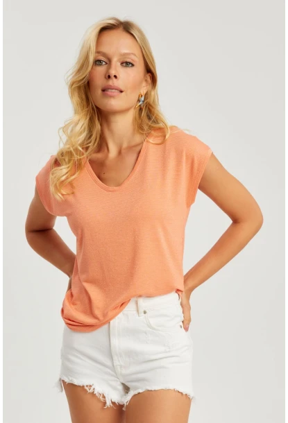 Kadın Turuncu V Yaka Simli Bluz RX436