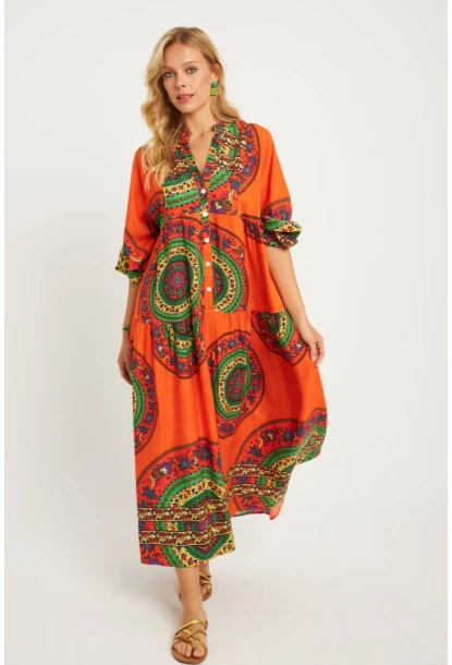 Kadın Turuncu-Yeşil Desenli Midi Elbise MGÇ169