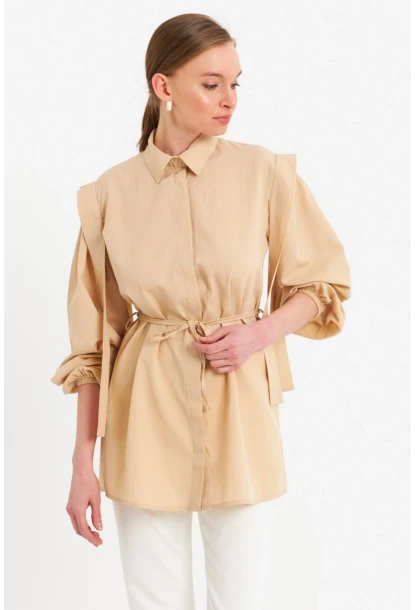 Kadın Vanilya Bağlama Detaylı Basic Gömlek MASF185