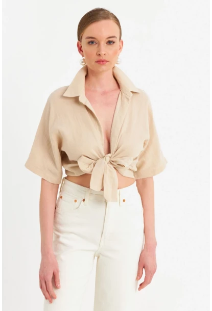 Kadın Vanilya Bağlamalı Keten Bluz BTH16