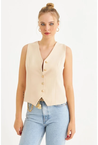Kadın Vanilya Düğme Detaylı Astarlı Yelek SGT410