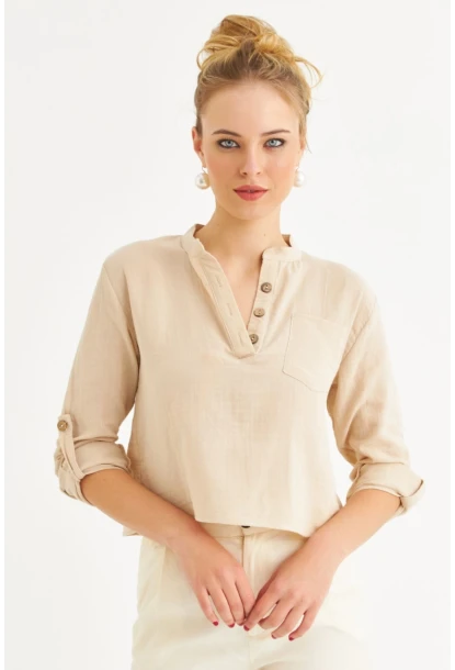 Kadın Vanilya Düğmeli Keten Gömlek Bluz BTH17