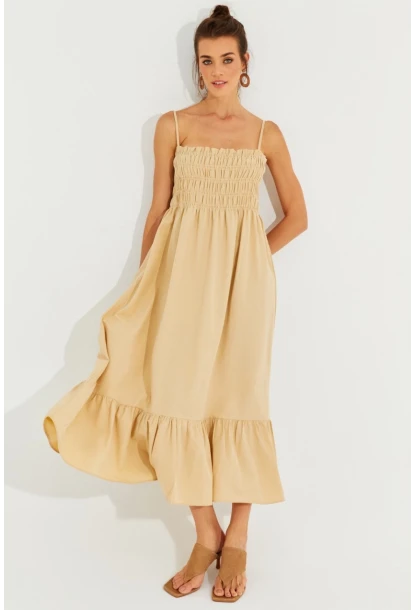 Kadın Vanilya Gipeli Askılı Midi Elbise MEN2000