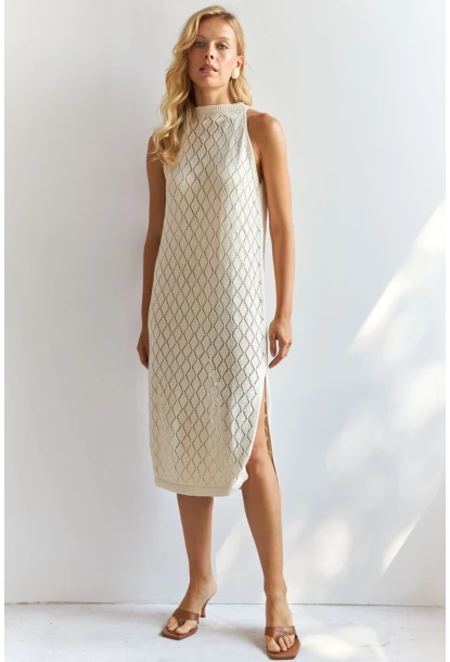 Kadın Vanilya Halter Yaka Triko Midi Elbise MP20134