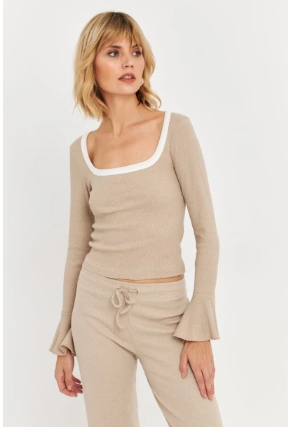 Kadın Vanilya Kontrast Yaka İspanyol Kol Bluz ALB3105