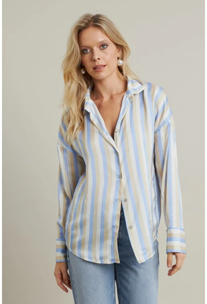 Kadın Vanilya-Mavi Desenli Saten Gömlek MSHR9