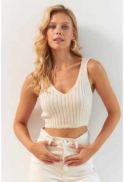 Kadın Vanilya Ön Arka V Triko Crop Bluz MP20136