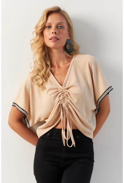 Kadın Vanilya Önü Büzgülü Bluz XL2039