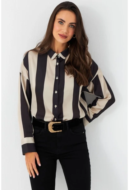 Kadın Vanilya-Siyah Desenli Saten Gömlek MSHR500