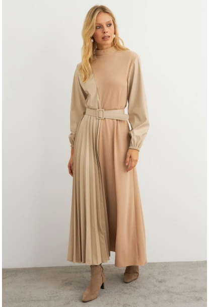 Kadın Vanilya Suni Deri Bloklu Pilili Maxi Elbise MALZ100