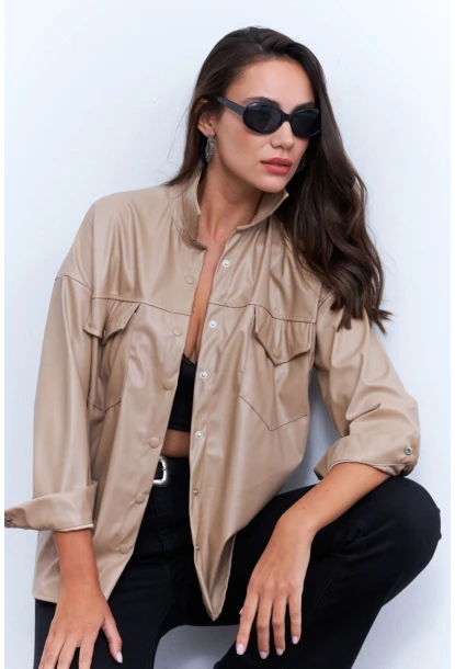 Kadın Vanilya Suni Deri Gömlek HO56