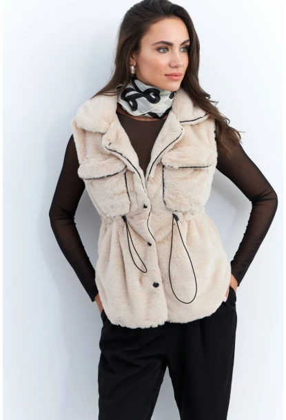 Kadın Vanilya Suni Kürk Cepli Yelek MK66