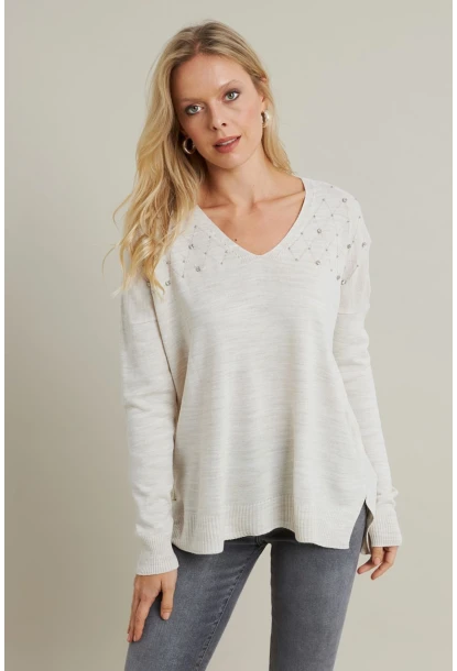 Kadın Vanilya V Yaka Taşlı İnce Triko Bluz MYİL002