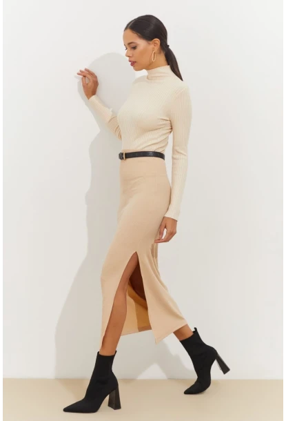 Kadın Vanilya Yandan Yırtmaçlı Midi Etek BK1600