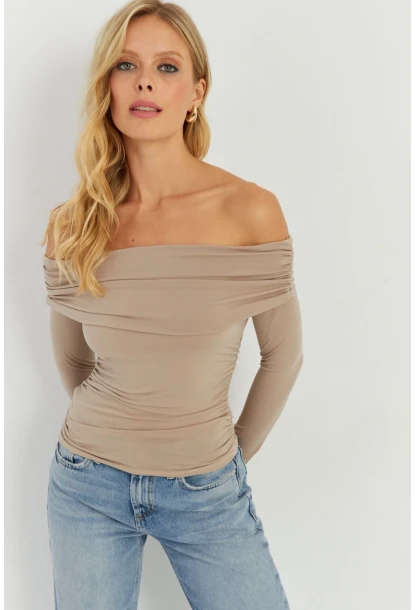 Kadın Vizon Büzgülü Madonna Bluz MON1119