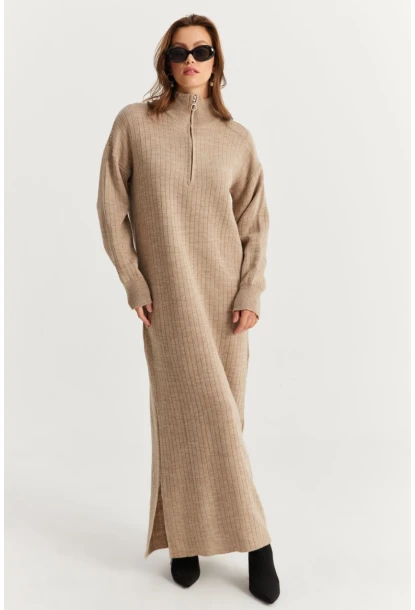 Kadın Vizon Yakası Fermuarlı Triko Maxi Elbise MNUV10