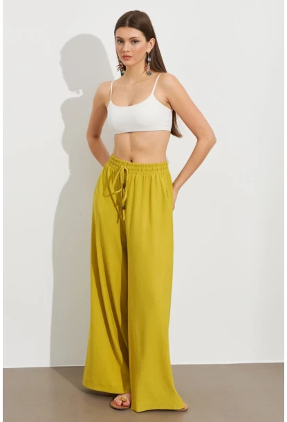 Kadın Yağ Yeşili Beli Lastikli Bürümcük Pantolon ROP105
