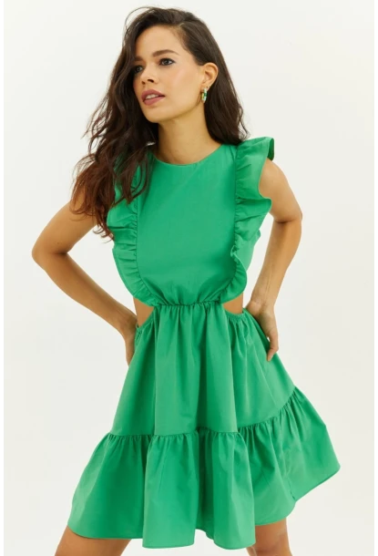 Kadın Yeşil Bel Dekolteli Volanlı Mini Elbise SF1523