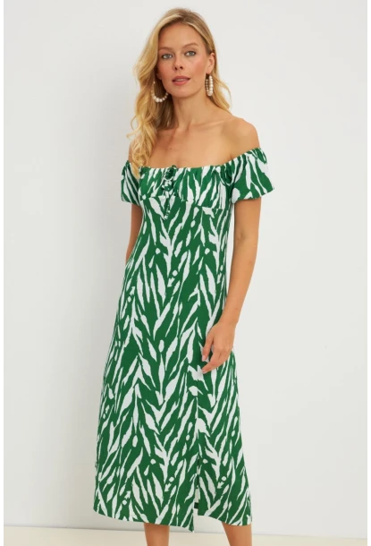 Kadın Yeşil Bürümcük Büzgülü Midi Elbise DY105