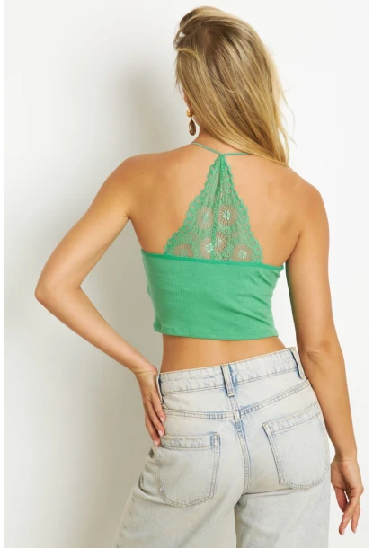 Kadın Yeşil Dantel Detaylı Crop Bluz RK13