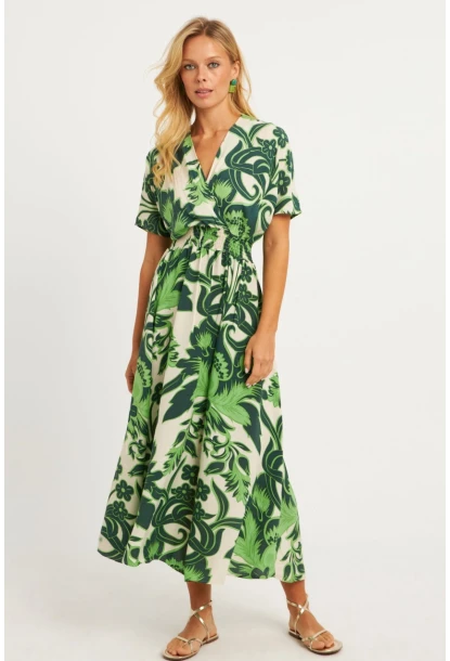 Kadın Yeşil Desenli Gipeli Midi Elbise YZ1055