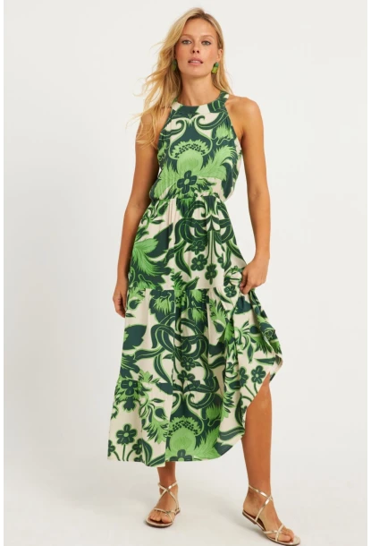 Kadın Yeşil Desenli Midi Elbise YZ1107