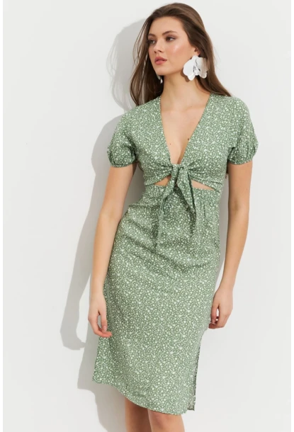 Kadın Yeşil Desenli Pencereli Midi Elbise Q1013