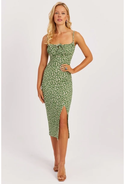 Kadın Yeşil İnce Askılı Midi Elbise MON125