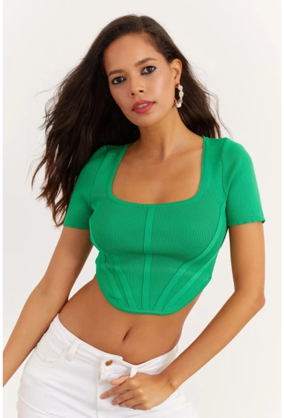 Kadın Yeşil Kare Yaka Triko Bluz TEM95