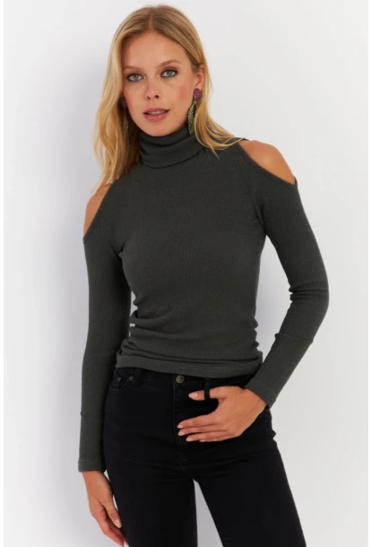 Kadın Yeşil Omuzları Açık Kaşkorse Bluz HOR04