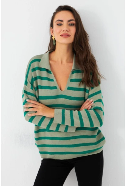Kadın Yeşil Polo Yaka Çizgili Triko Kazak SE01