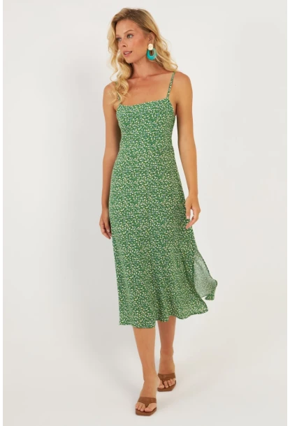 Kadın Yeşil Sırtı Gipeli Desenli Midi Elbise MP427