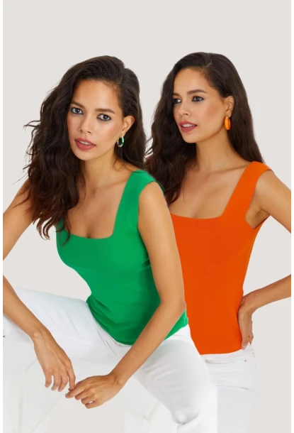 Kadın Yeşil-Turuncu İkili Kare Yaka Triko Bluz YV124