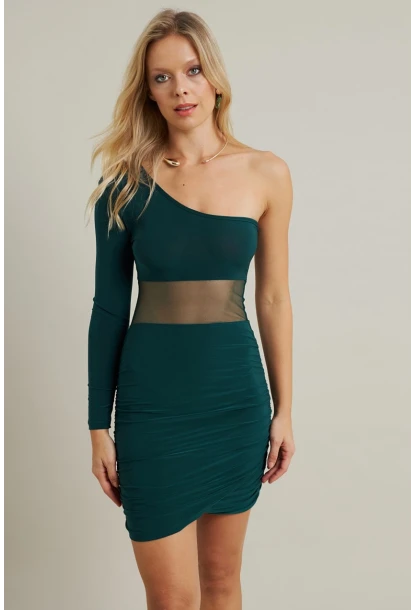 Kadın Zümrüt Yeşil Drapeli Tül Detaylı Mini Elbise ELT3850