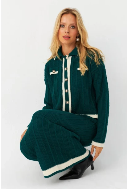 Kadın Zümrüt Yeşil İkili Alt Üst Triko Takım NUV34