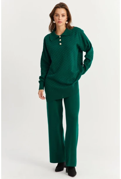 Kadın Zümrüt Yeşil İnci Düğmeli Triko Alt Üst Takım NUV33