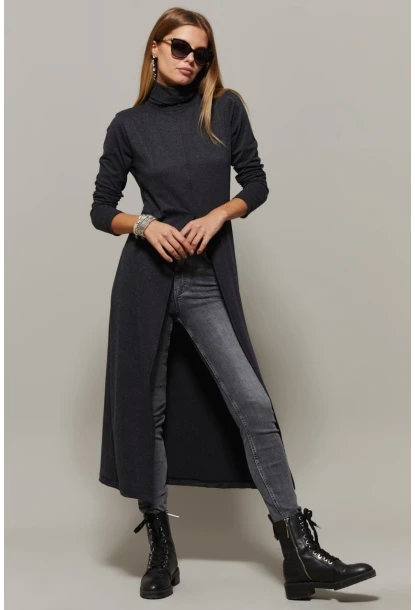 Antrasit Balıkçı Yaka Uzun Yırtmaçlı Tunik MEY1150