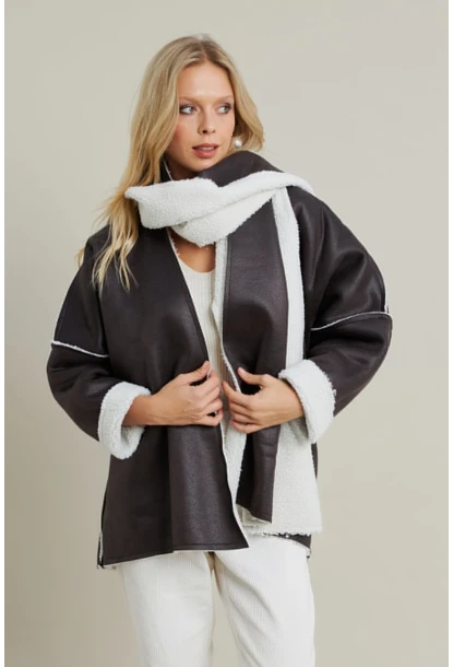 Kadın Acı-Kahve Atkılı İçi Peluş Premium Ceket SE5