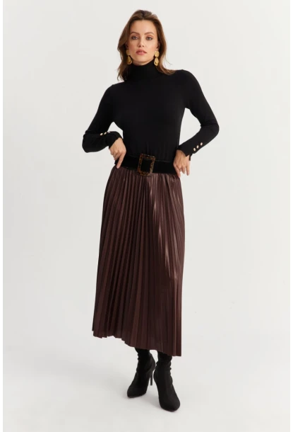 Kadın Acı-Kahve Beli Lastikli Pilise Etek MGÇ190