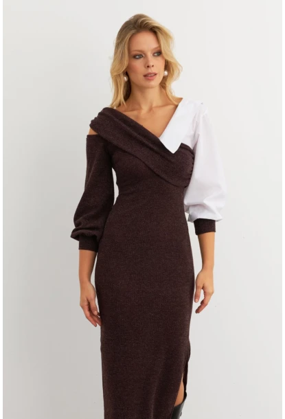 Kadın Acı-Kahve Blok Kumaşlı Asimetrik Yaka Maxi Elbise KED4469